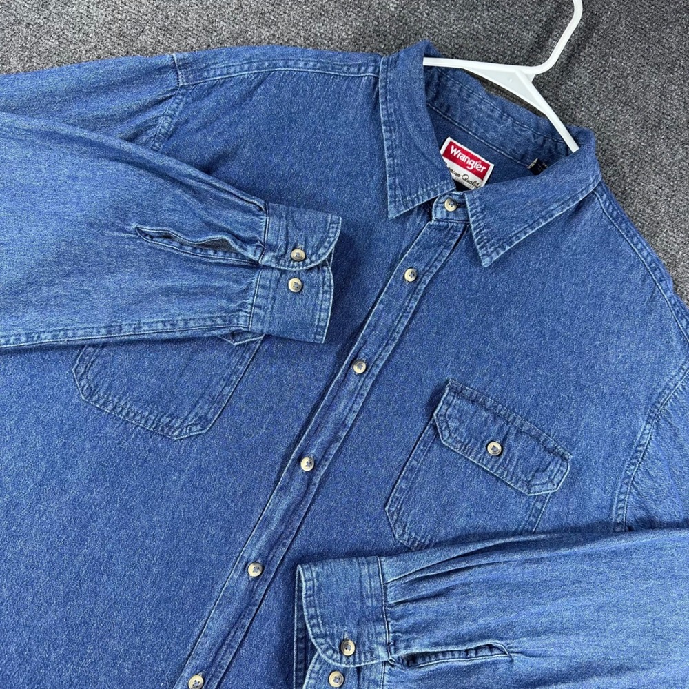 Wrangler Denim Shirt Mens 2XL XXL Blue Long Sleeve Premium Cotton Workwear